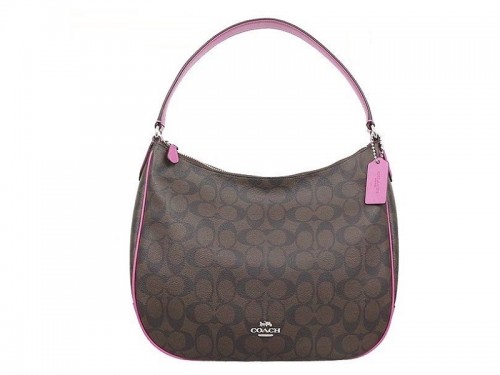 Coach F29209 Zip Shoulder Bag in Brown Signature Coated Canvas with Pink  Smooth Leather Details - Women's Hobo Bag