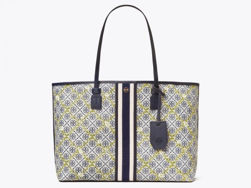 12422 TORY BURCH T Monogram Floral Vine Top Zip Tote Bag NAVY |