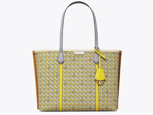 8606 TORY BURCH Perry Printed Canvas Triple Compartment Tote Bag BASKET  WEAVE LOGO GEO |