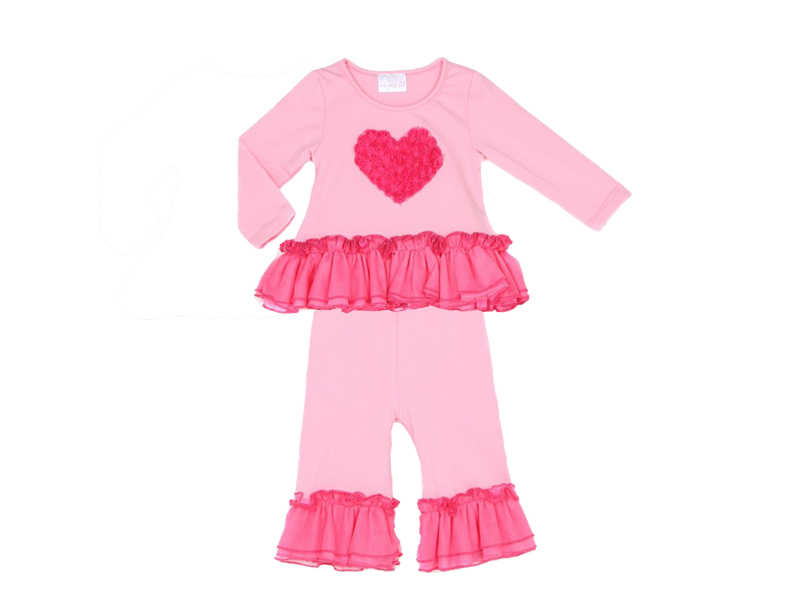 726 Pink Love Long Sleeves Top & Knit Ruffle Pants Set
