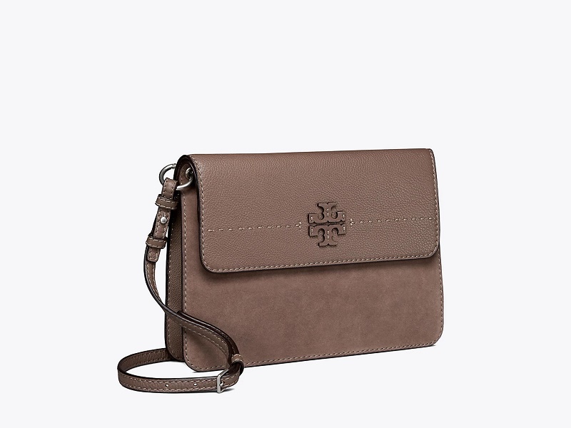 4620 TORY BURCH McGraw Mixed Suede Shoulder Bag SILVER MAPLE