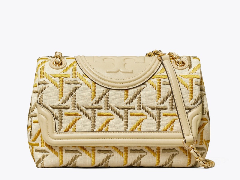 TORY BURCH SHOULDER BAG, with tortoiseshell chain strap, detail and  closure, gold tone hardware, accordion style, with botanical pattern and  mirror inside, fabric lining and tan leather interior, 22cm x 16cm H.