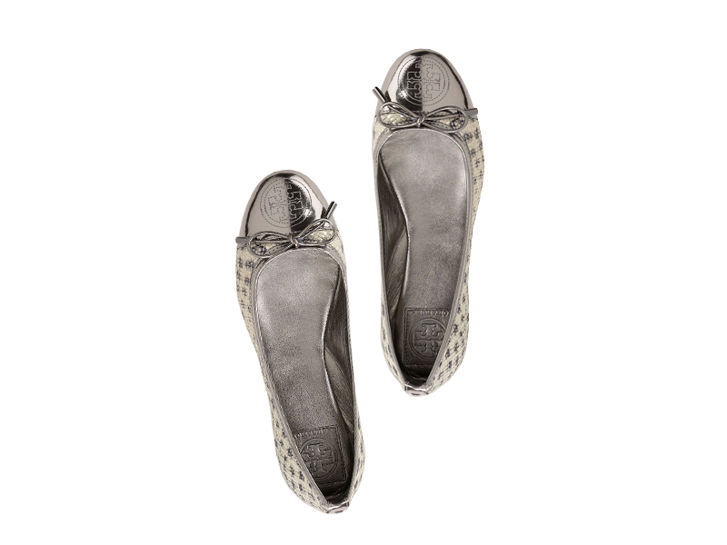 TORY BURCH SHOES Embossed Leather Snakeskin Reva Ballet Flats SILVER Size:  8 |